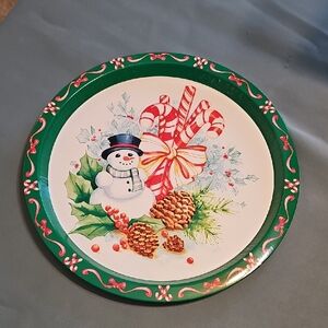 3 for $20 🎄 Vintage Christmas Metal Round Serving Tray Snowman Candy Cane Holly